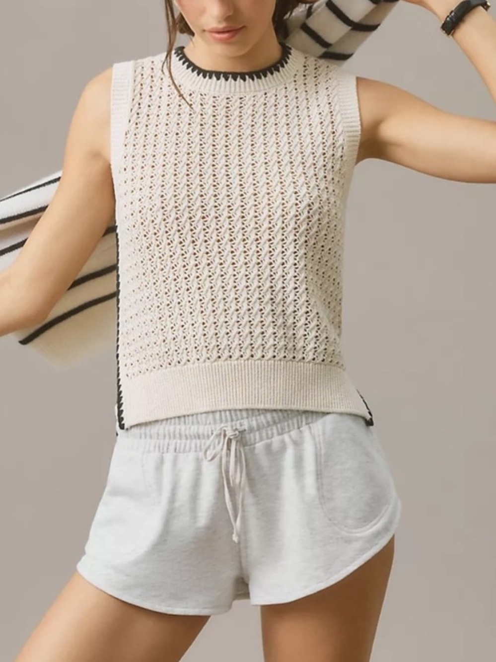 Varley Delaney Knit Vest Birch Black Pointelle Cotton, Size XS